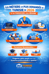 Infographie sur les métiers les plus demandés en Tunisie en 2026 et les formations privée BTS BTP CAP pour réussir