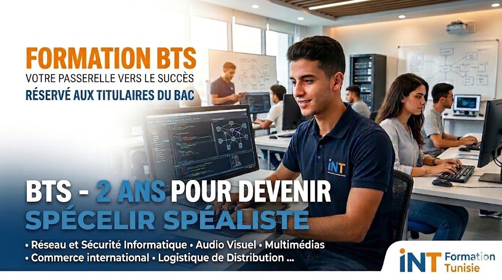 Étudiants en salle informatique à l'INT Formation Tunisie suivant un cursus BTS après le Bac en développement web et réseaux.