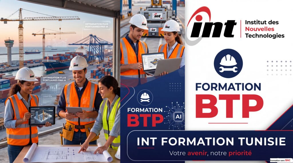Formation BTP en Tunisie à l'INT – Étudiants suivant une formation professionnelle sans baccalauréat dans un environnement moderne.