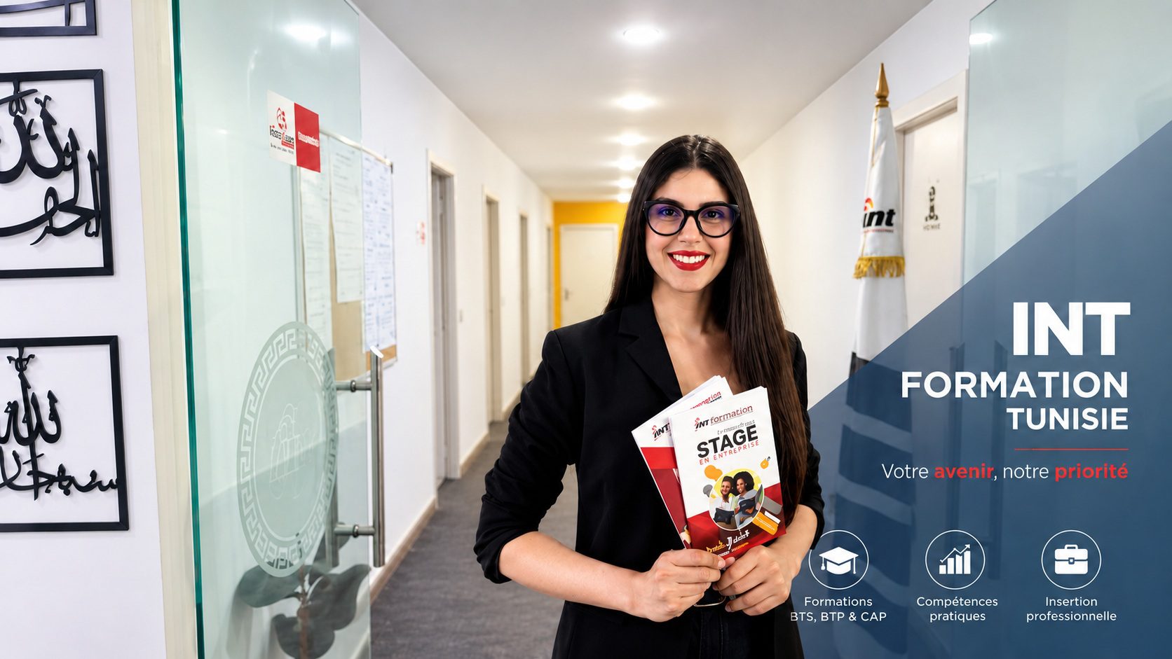 Étudiante de l'INT Formation Tunisie présentant les formations BTS, BTP et CAP en innovation, informatique et technologies numériques.